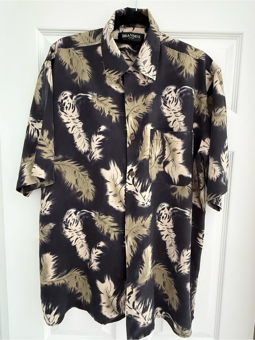 Brandini Black & Beige Feather Print Short-Sleeve Shirt Size L 100% Silk